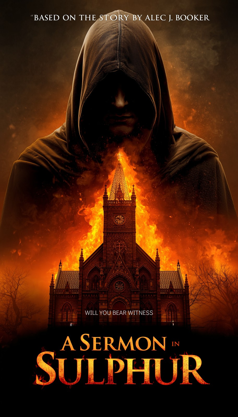 A Sermon In Sulphur — official poster: a hooded figure looms over a burning gothic church